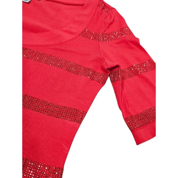 St. John Top Shirt Womens M Red T-Shirt Rhinestones Embellished Short Sleeve - Picture 10 of 16